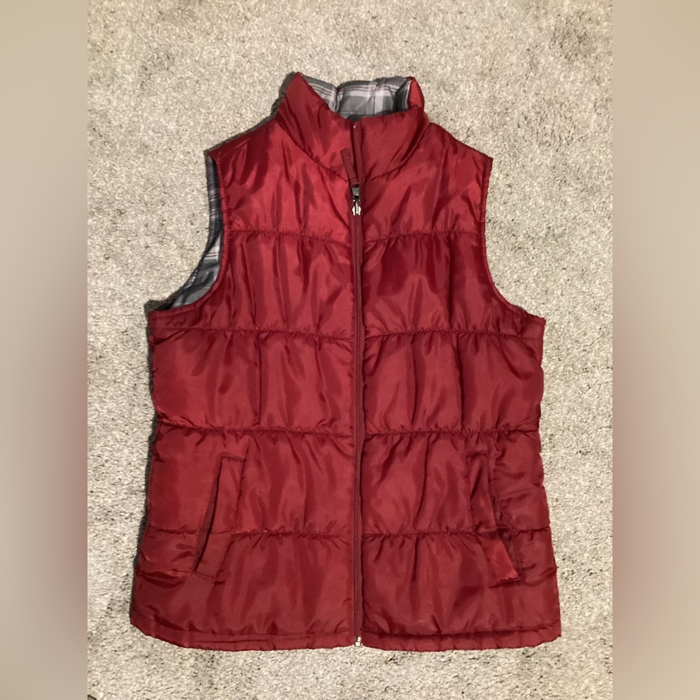 Red Quilted Reversible Puffer Vest with High Collar